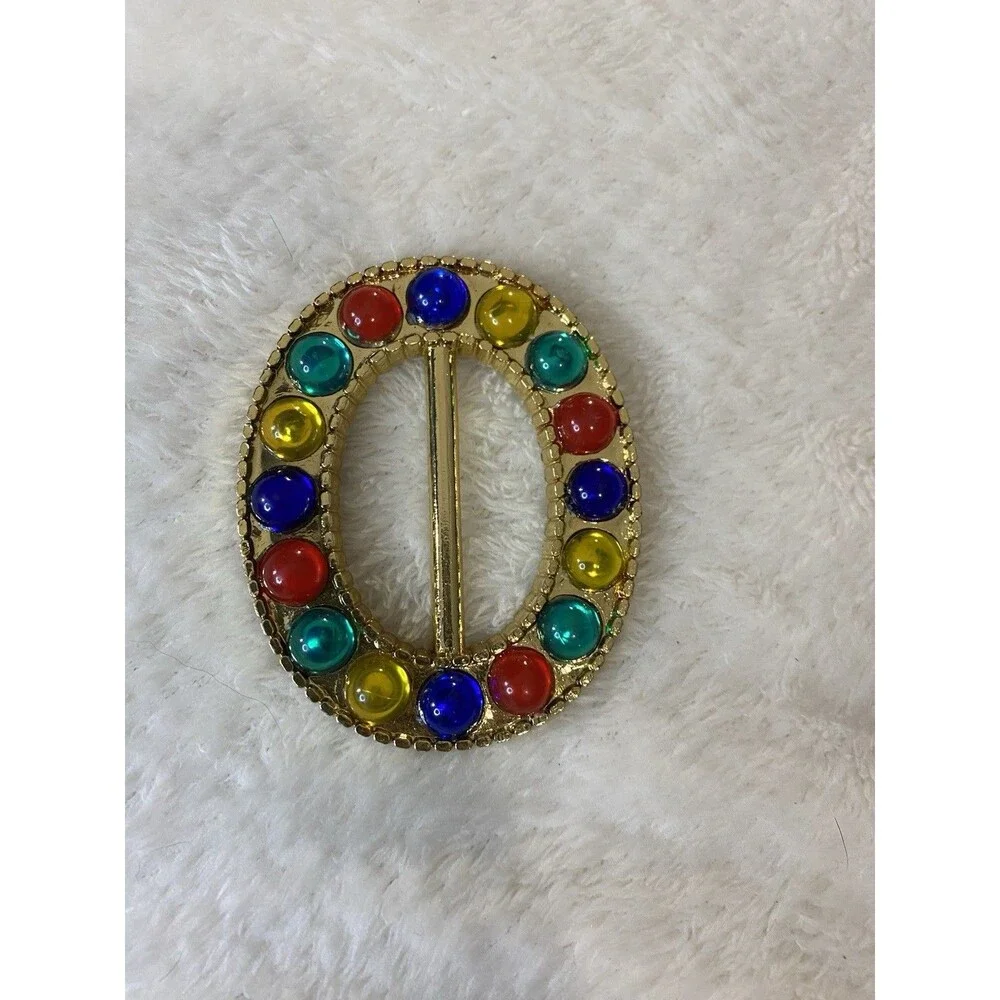 VTG 80s, 90s Plastic Gold Tone Oval Belt Buckle with Multi-Color Faux Gemstones